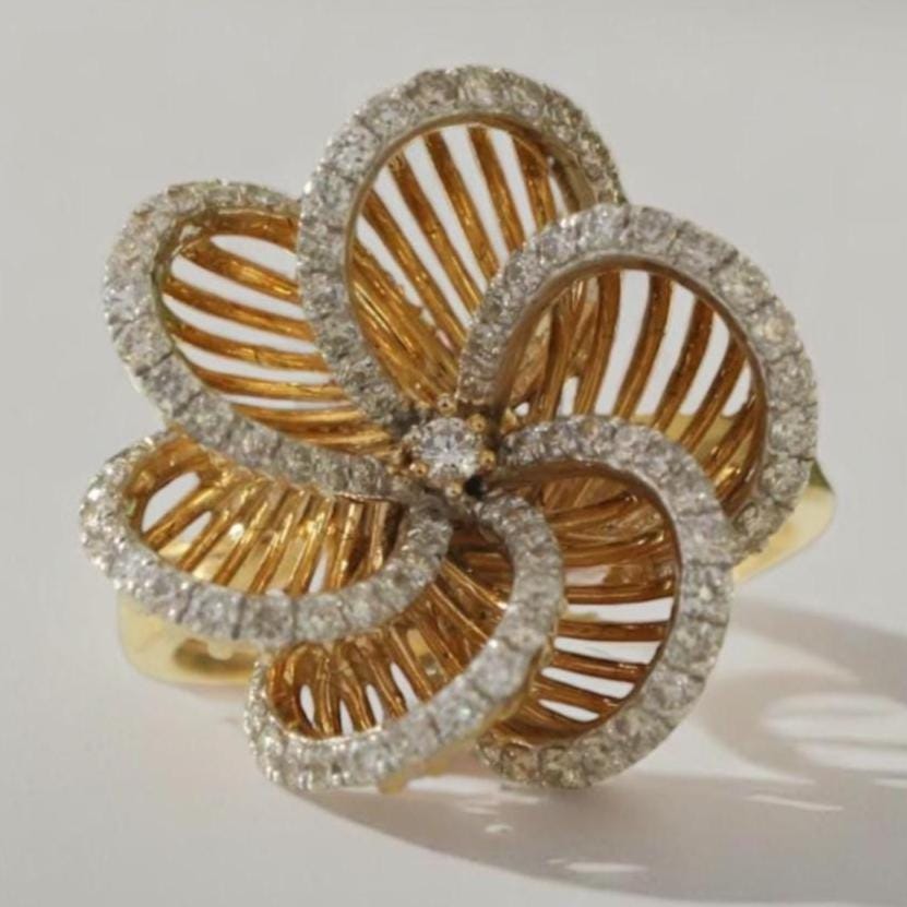 Floral Natural Diamond Cocktail Ring: 14k Solid Gold Flower Statement Ring, Certified Jewelry