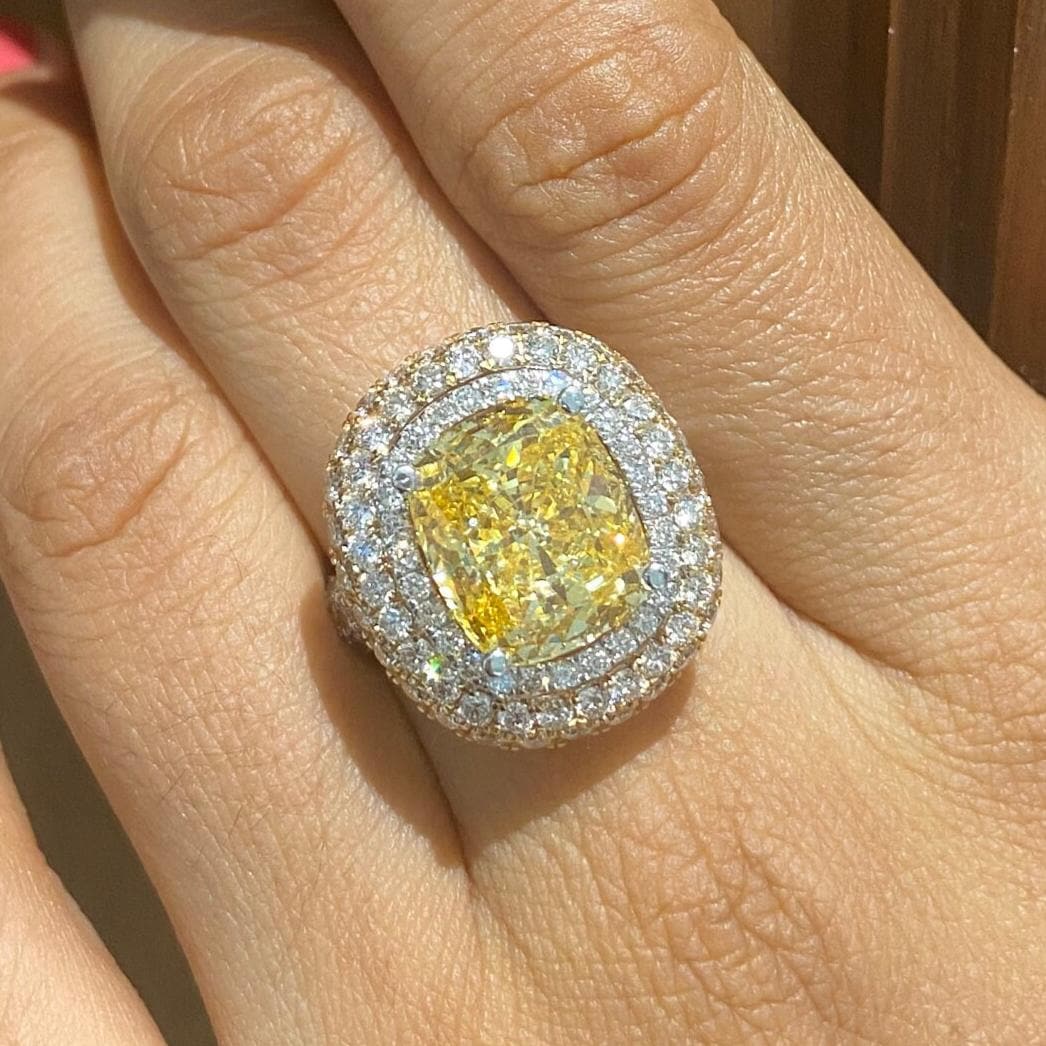 Yellow Sapphire Statement Diamond Ring, Gemstone Cocktail Ring, 14k Solid Gold, Natural Diamonds, Double Halo Birthstone Rings, Gift For Her