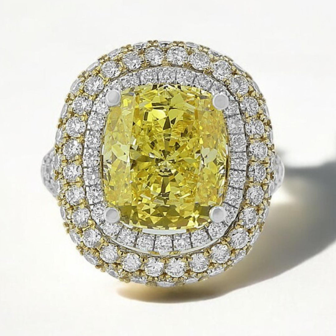 Yellow Sapphire Statement Diamond Ring, Gemstone Cocktail Ring, 14k Solid Gold, Natural Diamonds, Double Halo Birthstone Rings, Gift For Her