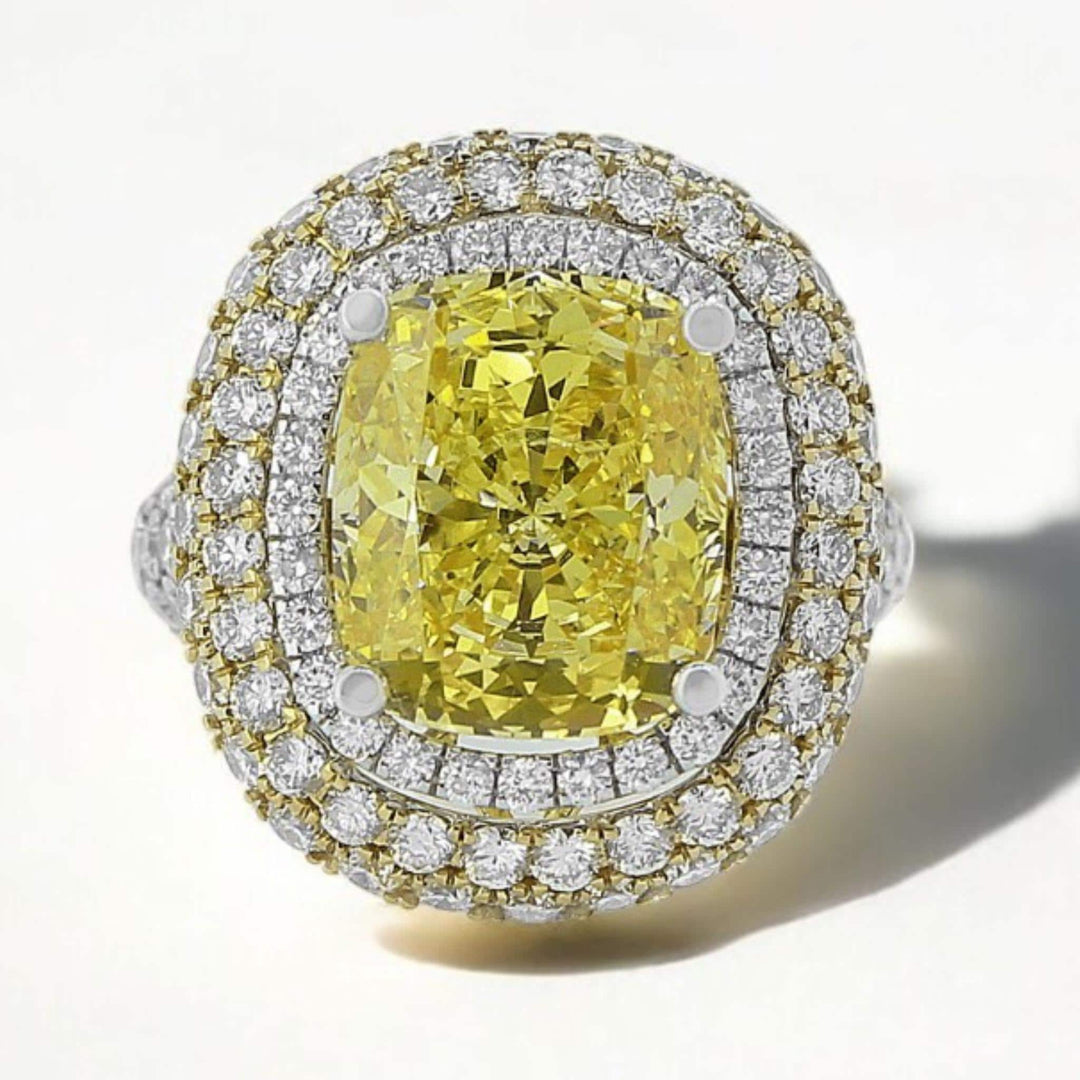 Yellow Sapphire Statement Diamond Ring, Gemstone Cocktail Ring, 14k Solid Gold, Natural Diamonds, Double Halo Birthstone Rings, Gift For Her