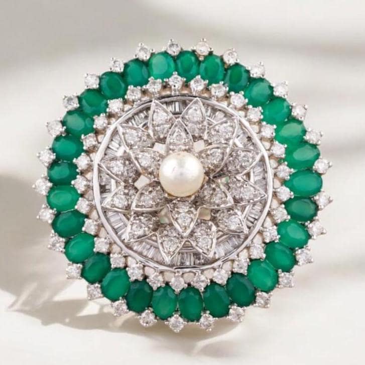 Emerald Flower Diamond Ring, 14k Solid Gold, Natural Diamonds, Floral Pearl Jewelry, Cocktail Statement Ring, Birthstone Ring