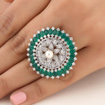Load image into Gallery viewer, Emerald Flower Diamond Ring, 14k Solid Gold, Natural Diamonds, Floral Pearl Jewelry, Cocktail Statement Ring, Birthstone Ring
