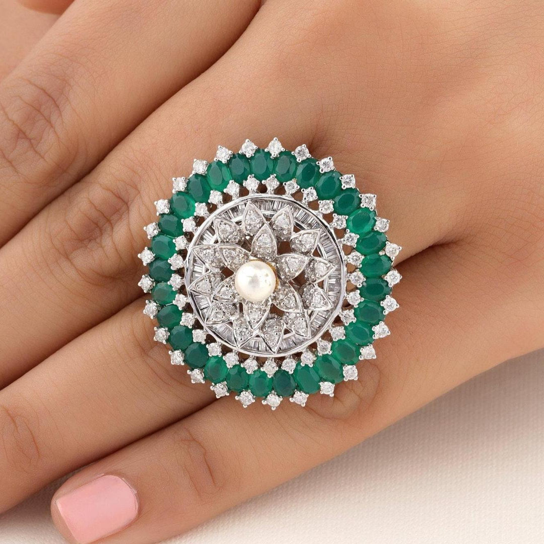 Emerald Flower Diamond Ring, 14k Solid Gold, Natural Diamonds, Floral Pearl Jewelry, Cocktail Statement Ring, Birthstone Ring