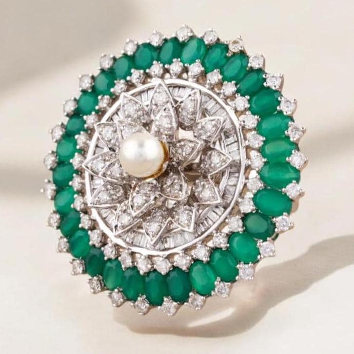 Emerald Flower Diamond Ring, 14k Solid Gold, Natural Diamonds, Floral Pearl Jewelry, Cocktail Statement Ring, Birthstone Ring
