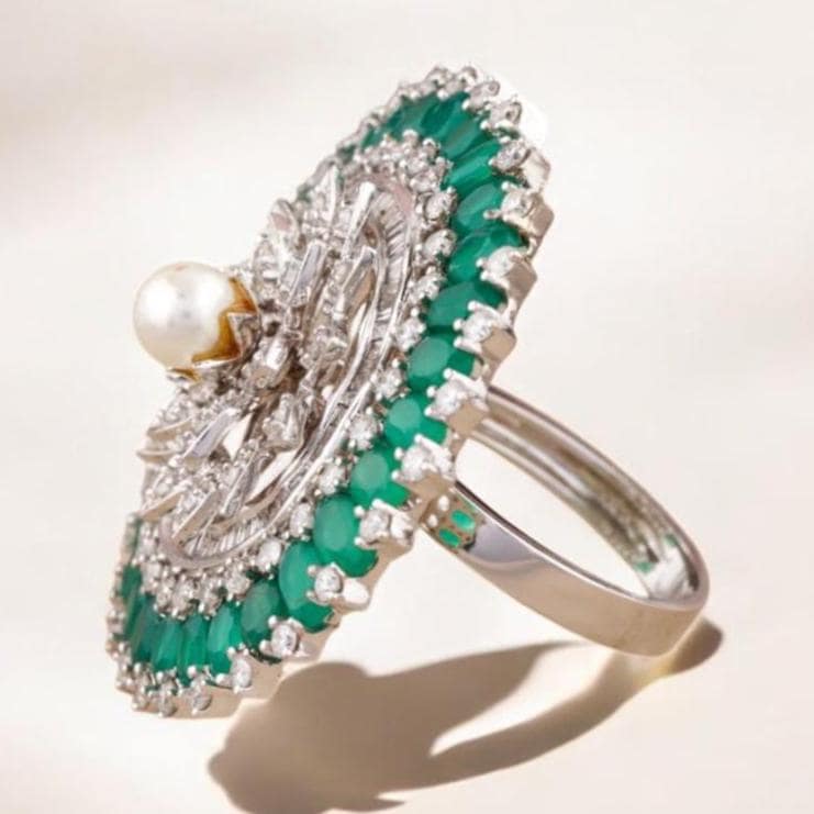 Emerald Flower Diamond Ring, 14k Solid Gold, Natural Diamonds, Floral Pearl Jewelry, Cocktail Statement Ring, Birthstone Ring