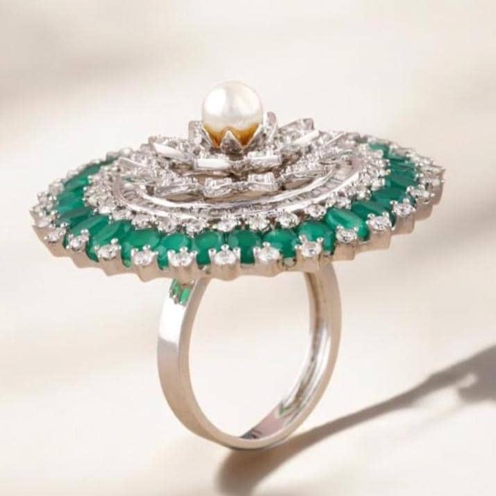 Emerald Flower Diamond Ring, 14k Solid Gold, Natural Diamonds, Floral Pearl Jewelry, Cocktail Statement Ring, Birthstone Ring