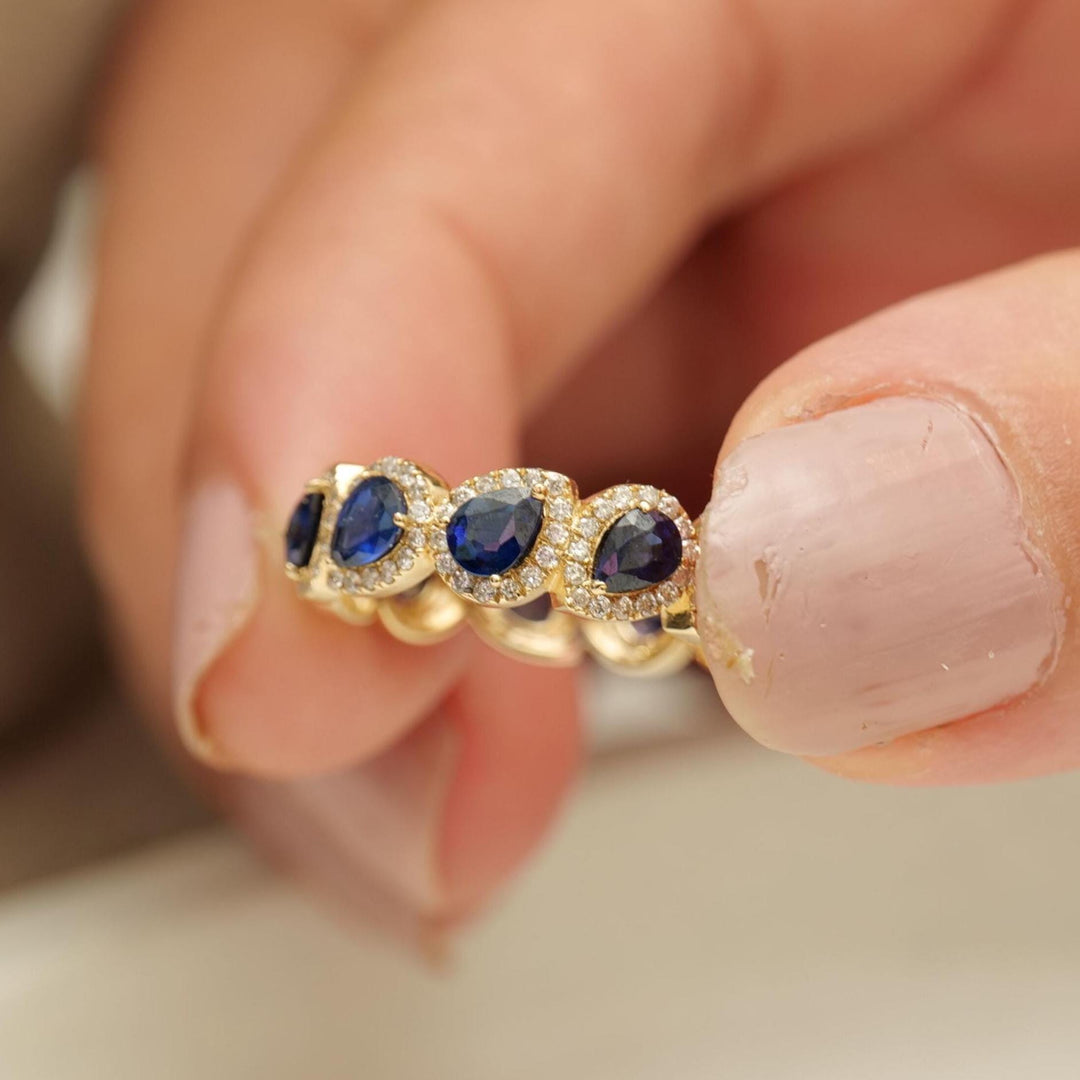 Pear Blue Sapphire Diamond Ring, 14k Solid Gold, Natural Diamonds, Eternity Band, Prong Gemstone Ring, Stacking Gold Band, Halo Setting Ring