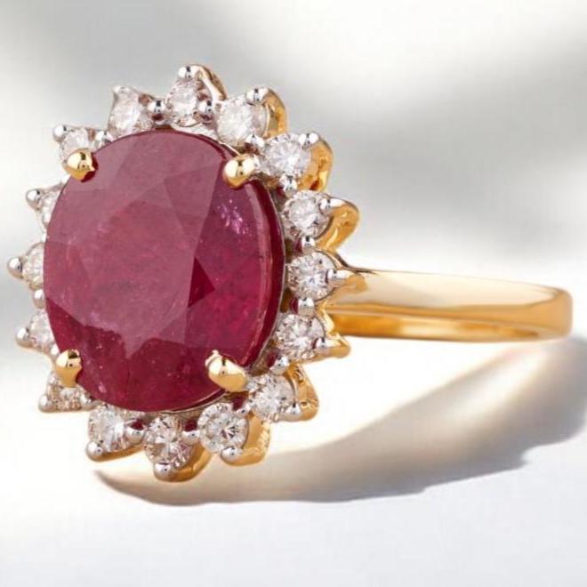 Oval Ruby Diamond Ring, 14k Solid Gold, Natural Diamonds, Cocktail Ring, Gemstone Halo Jewelry, Statement Ring, Gift For Her