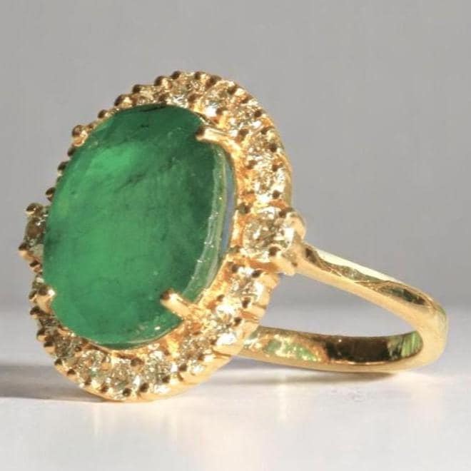 Oval Emerald Halo Diamond Ring, 14K Solid Gold, Natural Diamond, Birthstone Cocktail Gold Ring, Gemstone Statement Jewelry, Gift For Her
