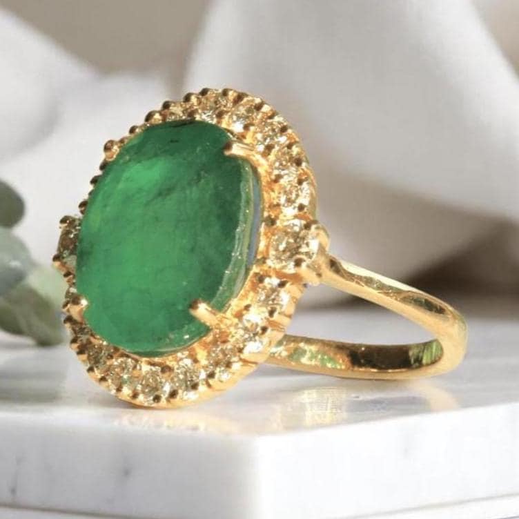 Oval Emerald Halo Diamond Ring, 14K Solid Gold, Natural Diamond, Birthstone Cocktail Gold Ring, Gemstone Statement Jewelry, Gift For Her