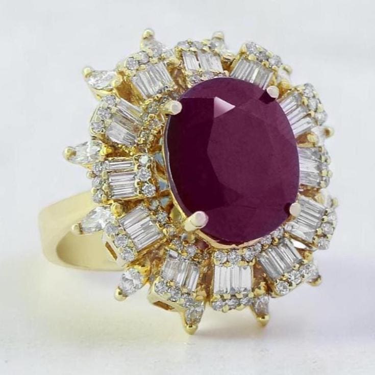 Oval Ruby Baguette Halo Ring, 14k Solid Gold, Natural Diamonds, July Gemstone, Birthstone Statement Ring, Bold Cocktail Ring, Gift For Her
