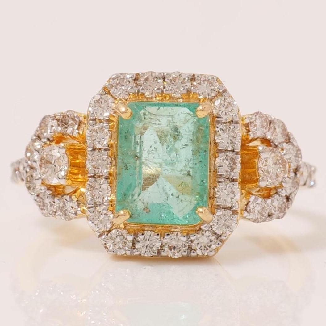 Emerald Cut Green Diamond Ring, 14K Solid Gold, Natural Diamonds, Halo Cocktail Gemstone Ring, Statement Bridal Jewelry, Gift For Her