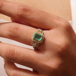 Load image into Gallery viewer, Emerald Cut Green Diamond Ring, 14K Solid Gold, Natural Diamonds, Halo Cocktail Gemstone Ring, Statement Bridal Jewelry, Gift For Her
