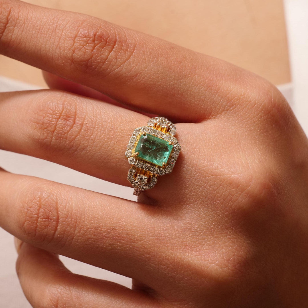 Emerald Cut Green Diamond Ring, 14K Solid Gold, Natural Diamonds, Halo Cocktail Gemstone Ring, Statement Bridal Jewelry, Gift For Her