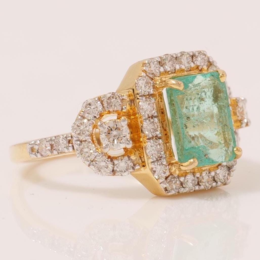 Emerald Cut Green Diamond Ring, 14K Solid Gold, Natural Diamonds, Halo Cocktail Gemstone Ring, Statement Bridal Jewelry, Gift For Her