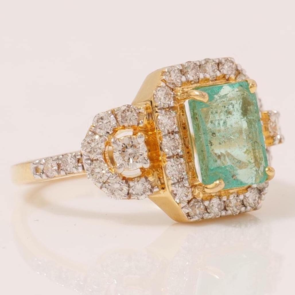 Emerald Cut Green Diamond Ring, 14K Solid Gold, Natural Diamonds, Halo Cocktail Gemstone Ring, Statement Bridal Jewelry, Gift For Her