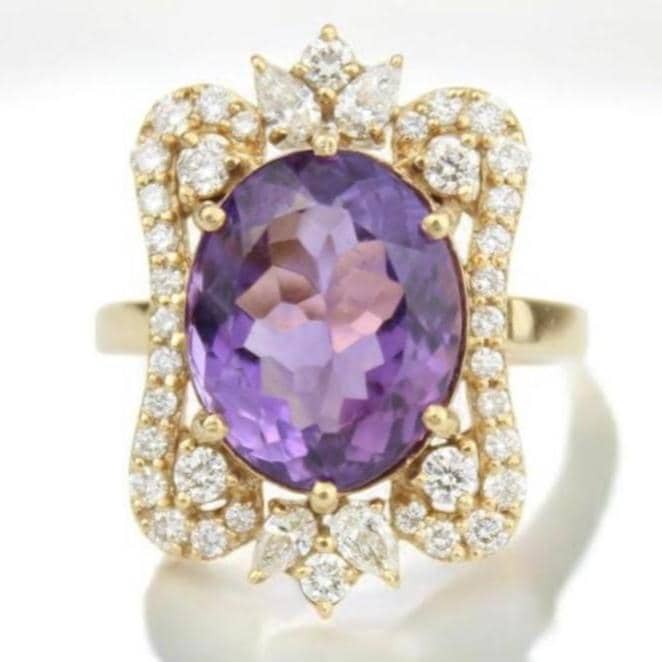 Oval Amethyst Diamond Halo Ring, 14k Solid Gold, Natural Diamonds, Statement Cocktail Ring, Faceted Gemstone Ring, Gift For Her