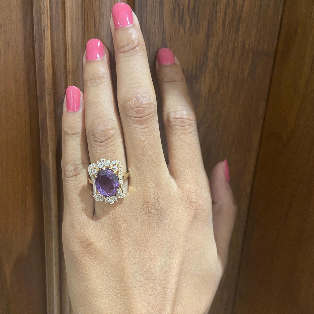 Oval Amethyst Diamond Halo Ring, 14k Solid Gold, Natural Diamonds, Statement Cocktail Ring, Faceted Gemstone Ring, Gift For Her