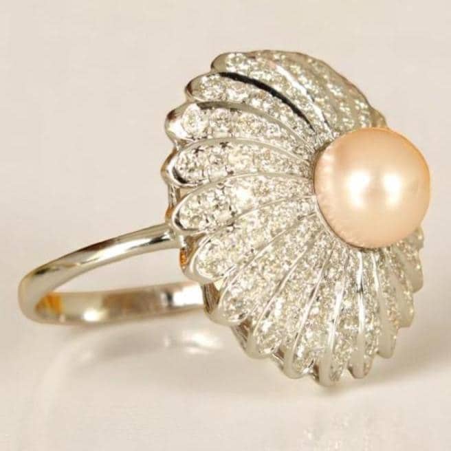 Cultured Pearl Flower Diamond Ring, Gemstone Ring, 14k Solid Gold, Natural Diamonds, Dome Statement Ring, Flower Cocktail Ring, Gift For Her