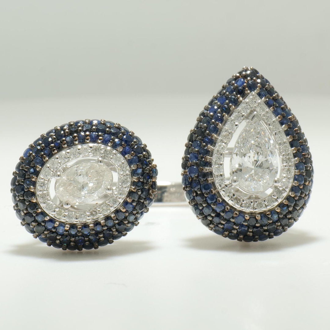 Blue Sapphire Diamond Ring, 14K Solid Gold, Pear & Oval Natural Diamond, Open Cuff Halo Gemstone Ring, Cocktail Statement Ring, Gift For Her