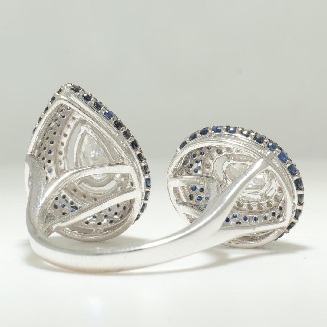 Blue Sapphire Diamond Ring, 14K Solid Gold, Pear & Oval Natural Diamond, Open Cuff Halo Gemstone Ring, Cocktail Statement Ring, Gift For Her