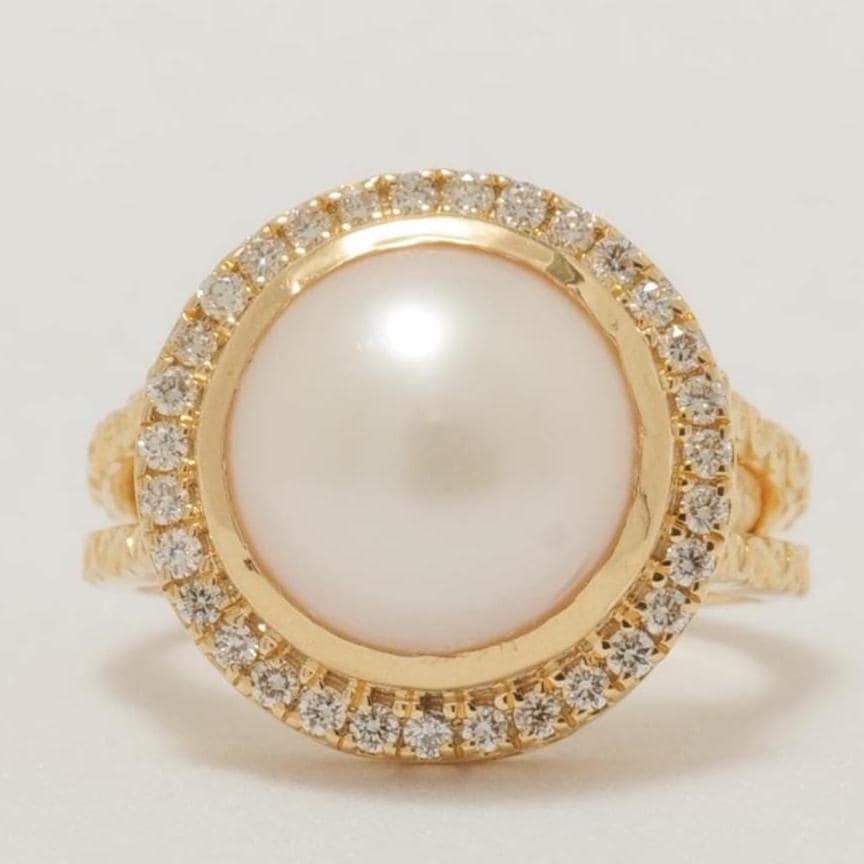 Pearl Halo Diamond Ring, 14K Solid Gold, Natural Diamonds, Gemstone Cocktail Ring, Birthstone Statement Jewelry, Gift for her