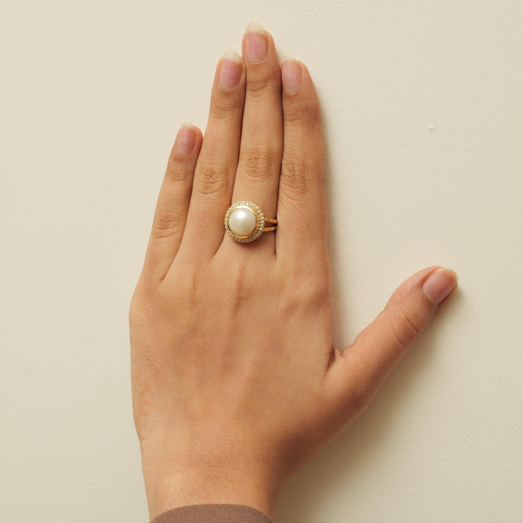 Pearl Halo Diamond Ring, 14K Solid Gold, Natural Diamonds, Gemstone Cocktail Ring, Birthstone Statement Jewelry, Gift for her