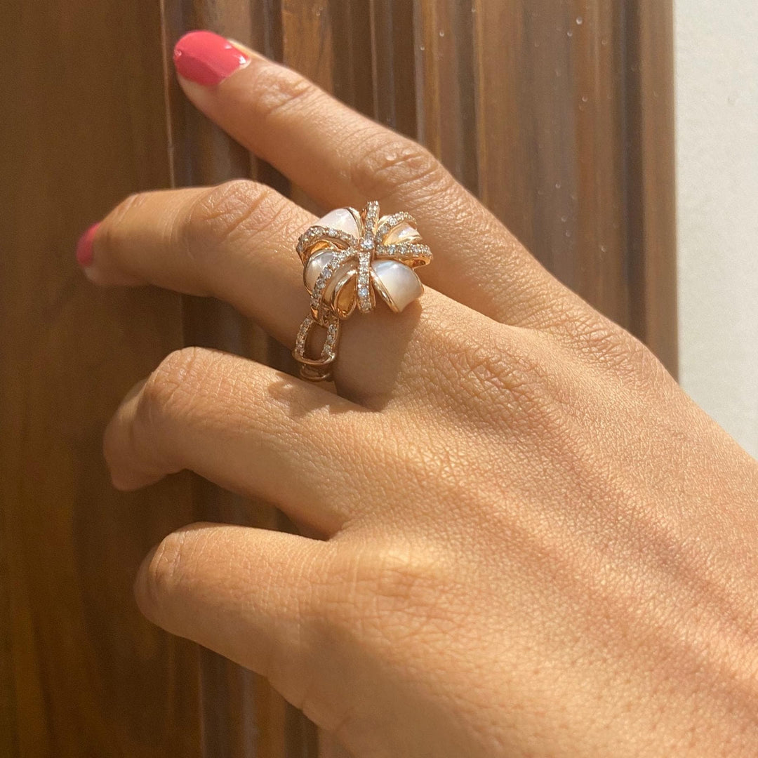 Mother of Pearl Diamond Cocktail Ring, 14k Solid Gold, Natural Diamonds, Floral Ribbon Bow Jewelry, Statement Ring, Gift For Her