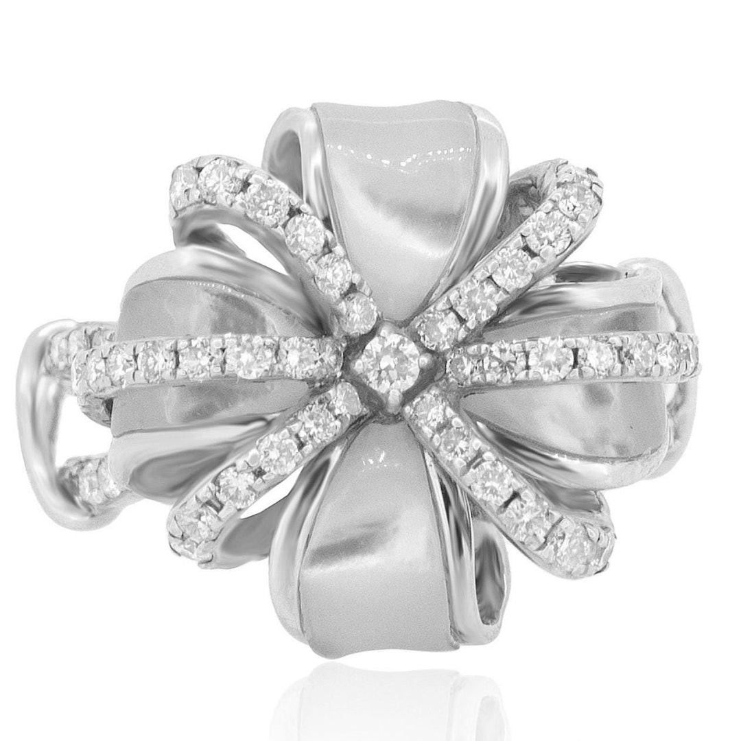 Mother of Pearl Natural Diamond Cocktail Ring: 14k Solid Gold Floral Ribbon Ring, Certified Jewelry