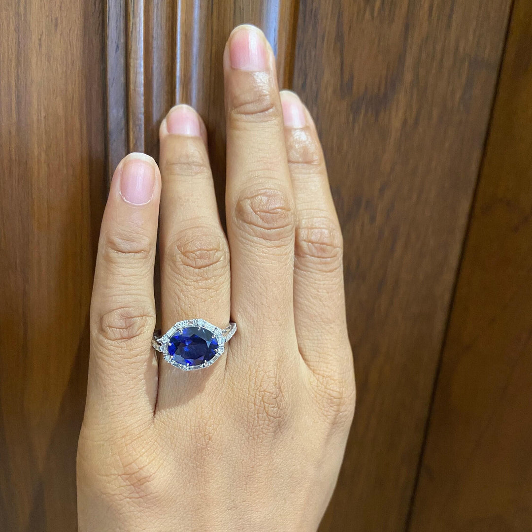 Oval Blue Sapphire Diamond Halo Ring, Round and Baguette Natural diamonds, 14k Solid Gold, Gemstone Ring, Engagement Ring, Gift For Her