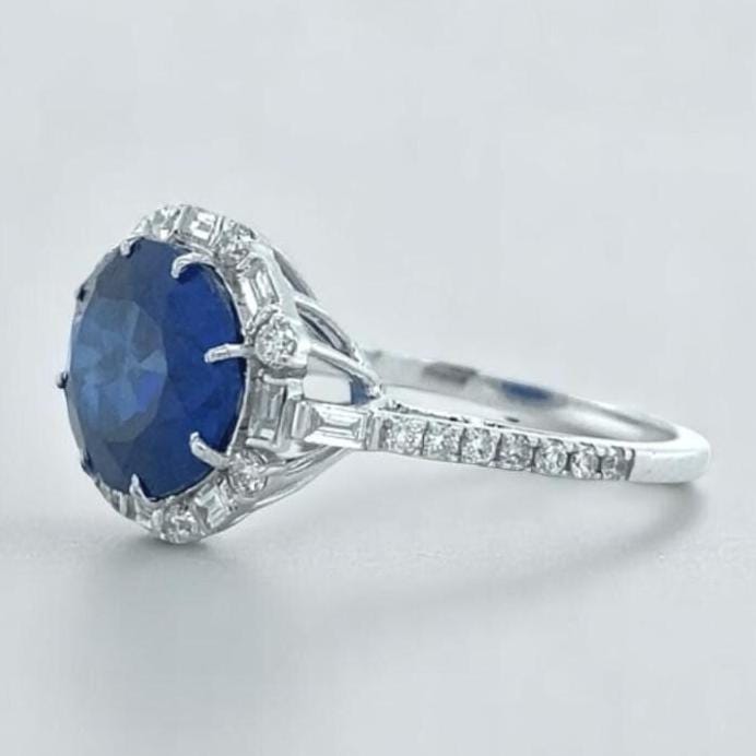 Oval Blue Sapphire Diamond Halo Ring, Round and Baguette Natural diamonds, 14k Solid Gold, Gemstone Ring, Engagement Ring, Gift For Her