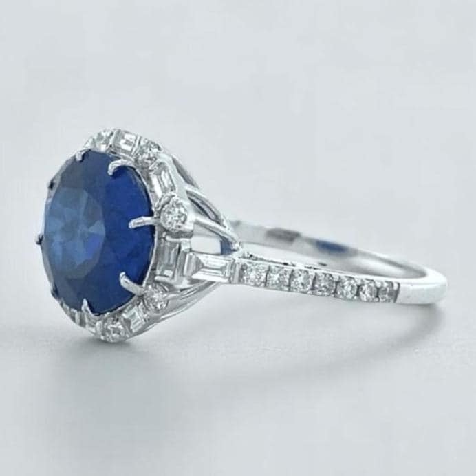 Oval Blue Sapphire Diamond Halo Ring, Round and Baguette Natural diamonds, 14k Solid Gold, Gemstone Ring, Engagement Ring, Gift For Her