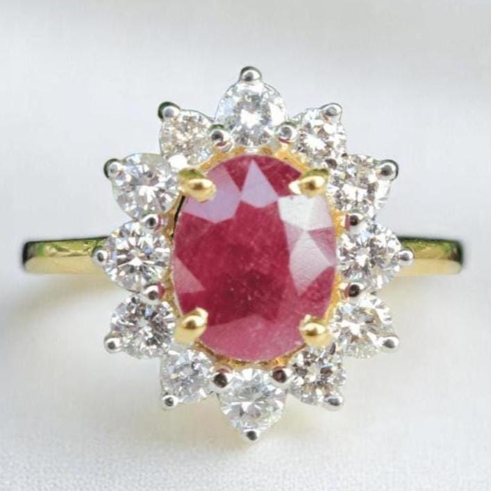 Oval Ruby Halo Diamond Ring, 14k Solid Gold, July Gemstone, Birthstone Ring, Natural Diamonds, Starburst Engagement Ring, Gift For Her