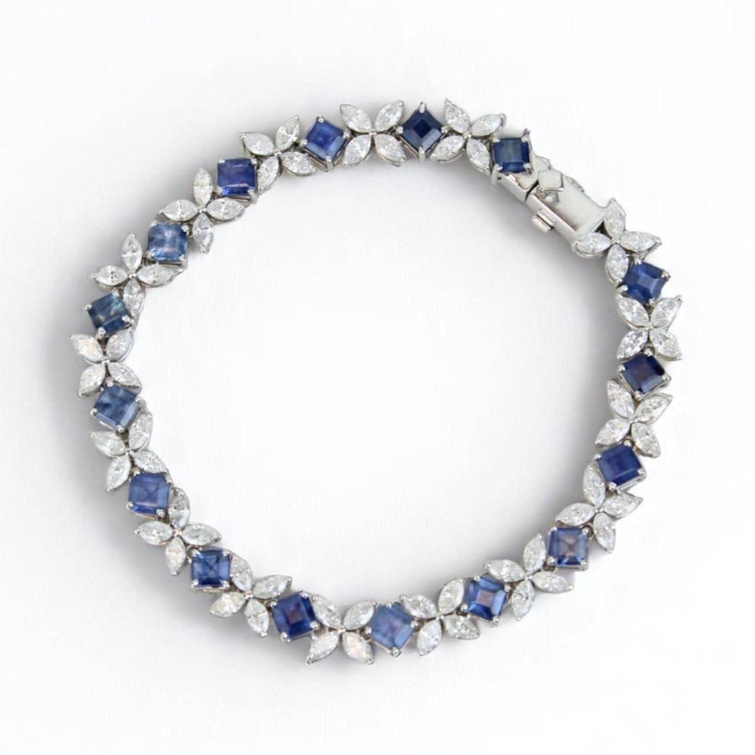 Floral Diamond Blue Sapphire Tennis Bracelet, 14k Solid Gold, Natural Diamonds, Floral Stackable Bracelet, Statement Gemstone Jewelry