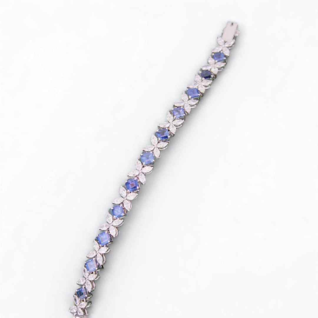Floral Diamond Blue Sapphire Tennis Bracelet, 14k Solid Gold, Natural Diamonds, Floral Stackable Bracelet, Statement Gemstone Jewelry