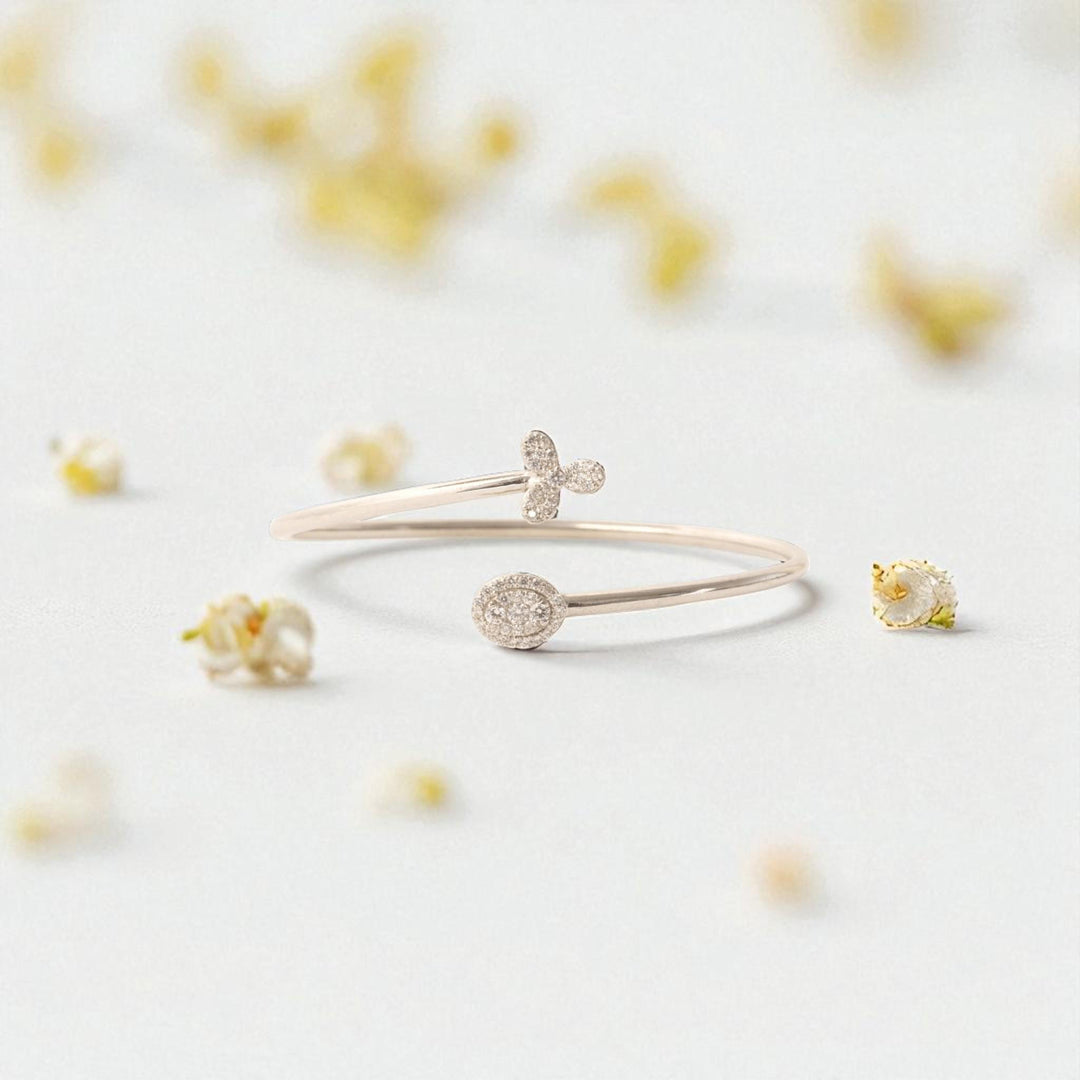 Floral Diamond Open Cuff Bracelet, 14K Solid Gold, Natural Diamond, Halo Statement Jewelry, Stackable Minimalist Bracelet, Everyday Bracelet