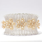 Load image into Gallery viewer, Floral Natural Diamond Cuff Bridal Bracelet: 14k Solid Gold Halo  Two Toned Wide Cocktail Bangle Jewellery, Certified Jewelry
