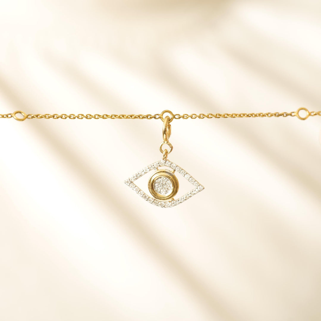 Evil Eye Diamond Charm, 14k Solid Gold, Natural Diamonds, Dual Tone Everyday Pendant, Cluster Set Staking Necklace, Ready To Ship