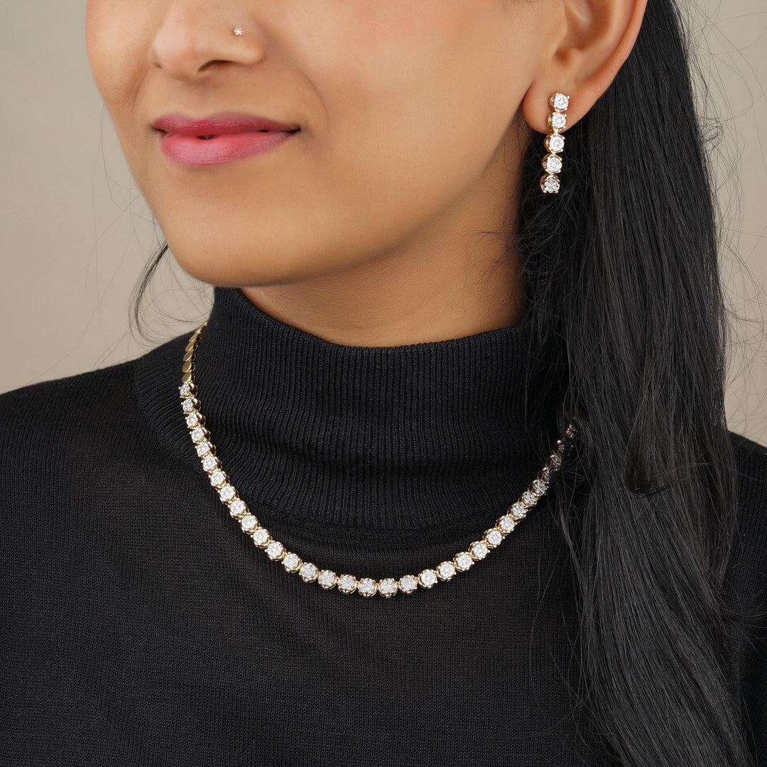 Round Diamond Tennis Necklace Earring Set, 14k Solid Gold, Natural Diamonds, Diamond String Necklace, Illusion Set Minimal Jewelry