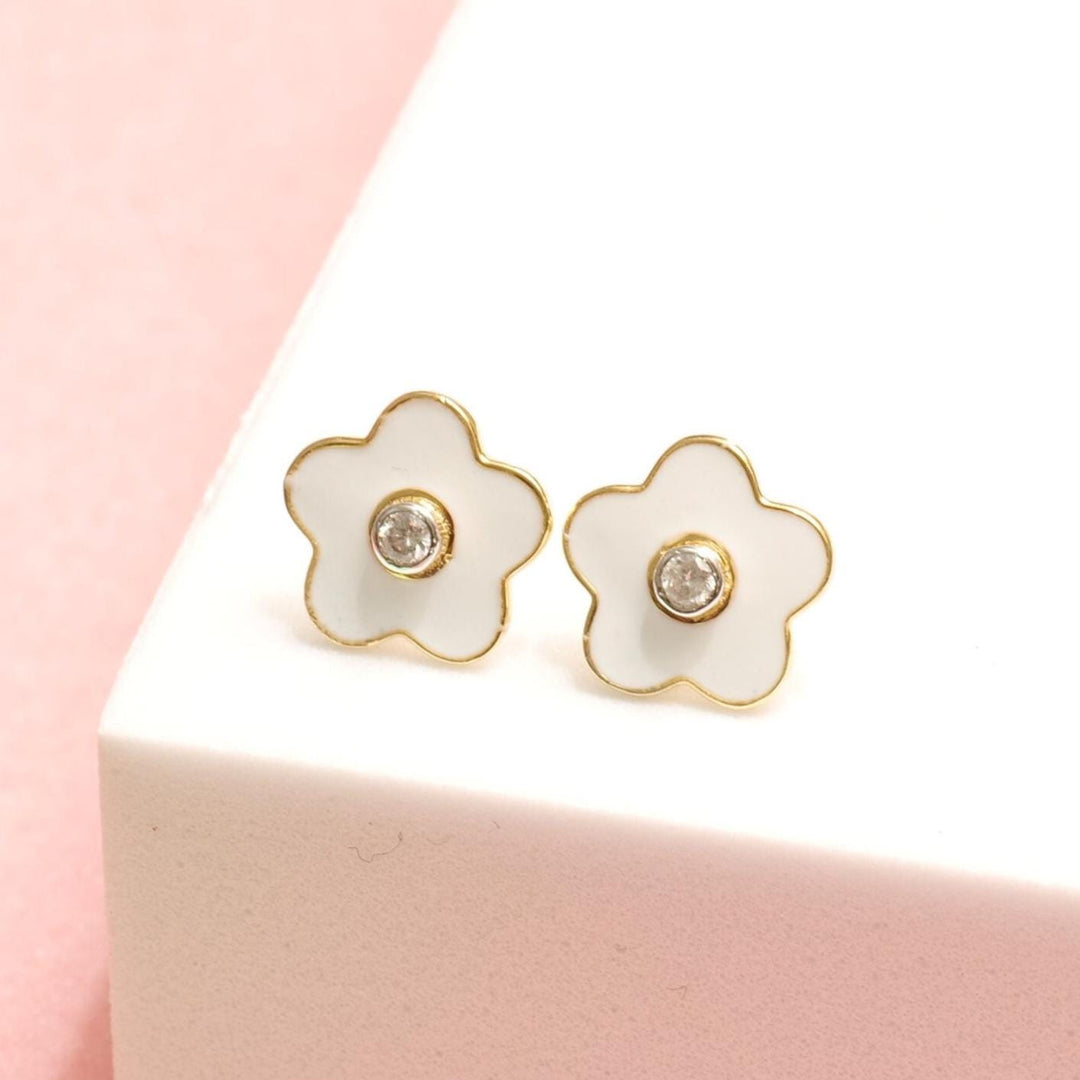 Kids Enameled Flower Diamond Stud Earrings, 14k Solid Gold, Natural Diamonds, Kids jewelry, Gift for toddlers, girls and kids