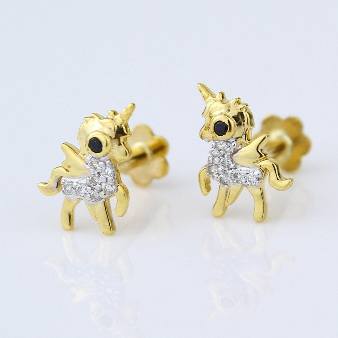 Kids Unicorn Diamond Stud Earrings, 14k Solid Gold, Natural Diamonds, Kids Jewelry, Gift for toddlers, girls, and kids Gift For Her