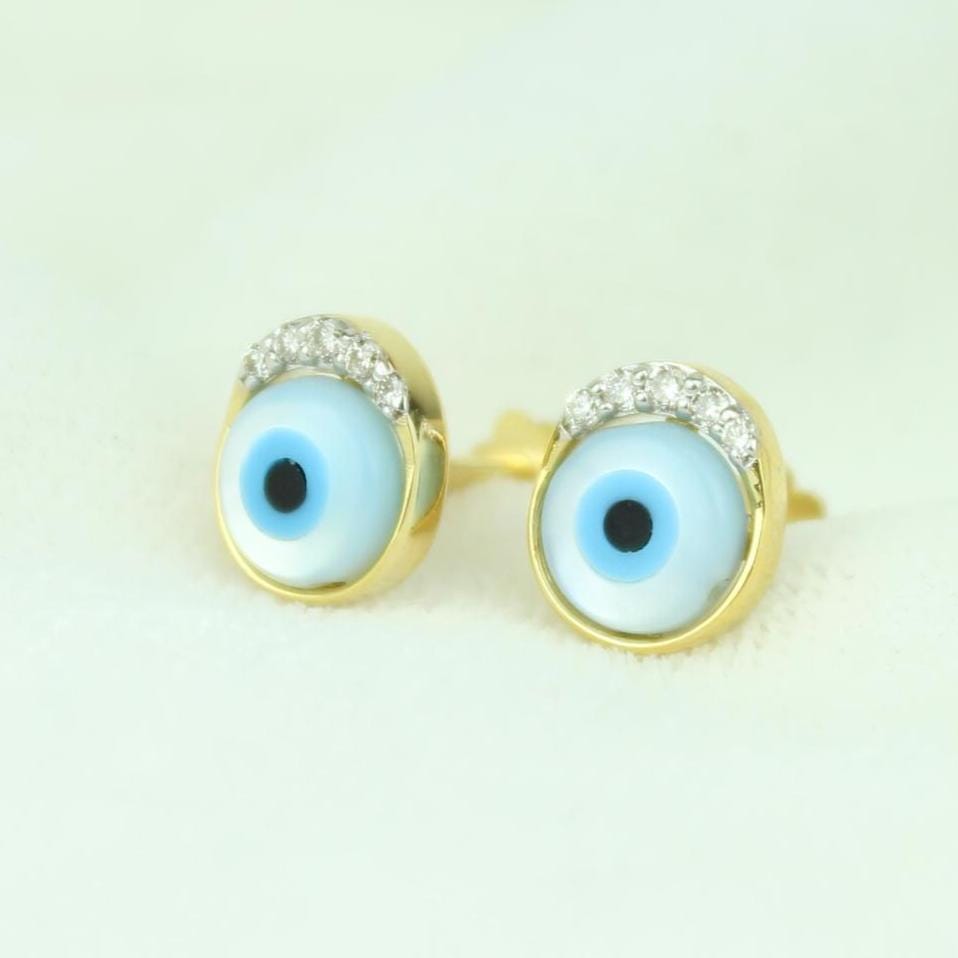 Kids&#39; Evil Eye Diamond Stud Earrings, 14k Solid Gold, Natural Diamonds, Kids Protection Jewelry, Gift for toddlers/girls/kids