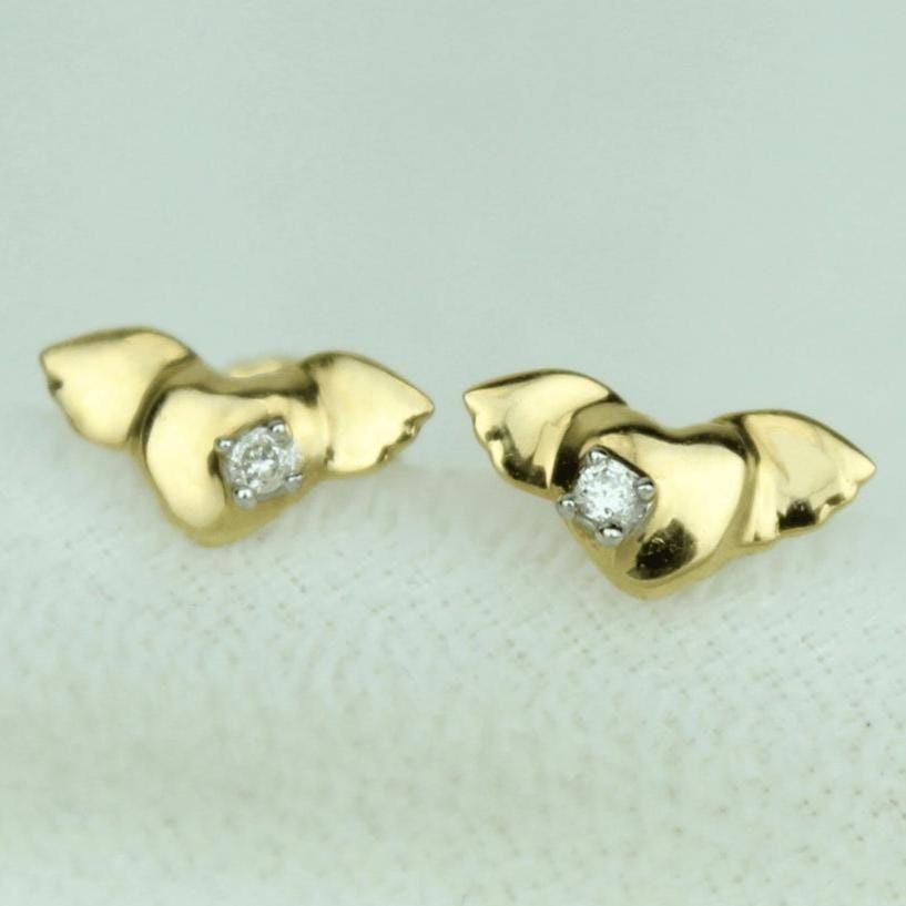 Kids Winged Heart Diamond Stud Earrings, 14k Solid Gold, Natural Diamonds, Angel Jewelry, Gift for toddlers/girls/kids