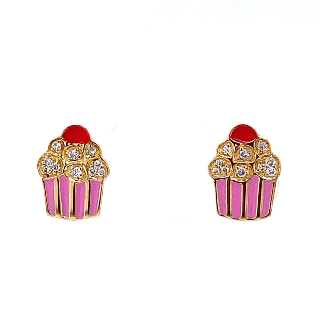 Kids Enameled Cupcake Diamond Stud Earrings, 14k Solid Gold, Natural Diamonds, Kids jewelry, Gift for toddlers, girls and kids