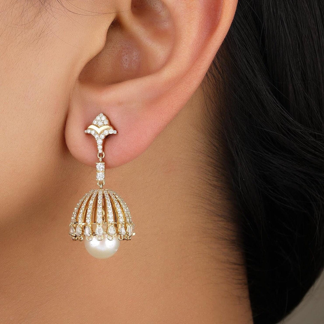 Pearl Drop Diamond Dangle Earrings, 14K Solid Gold, Natural Diamonds, Bridal Jhumka Earrings, Statement Cocktail Earrings