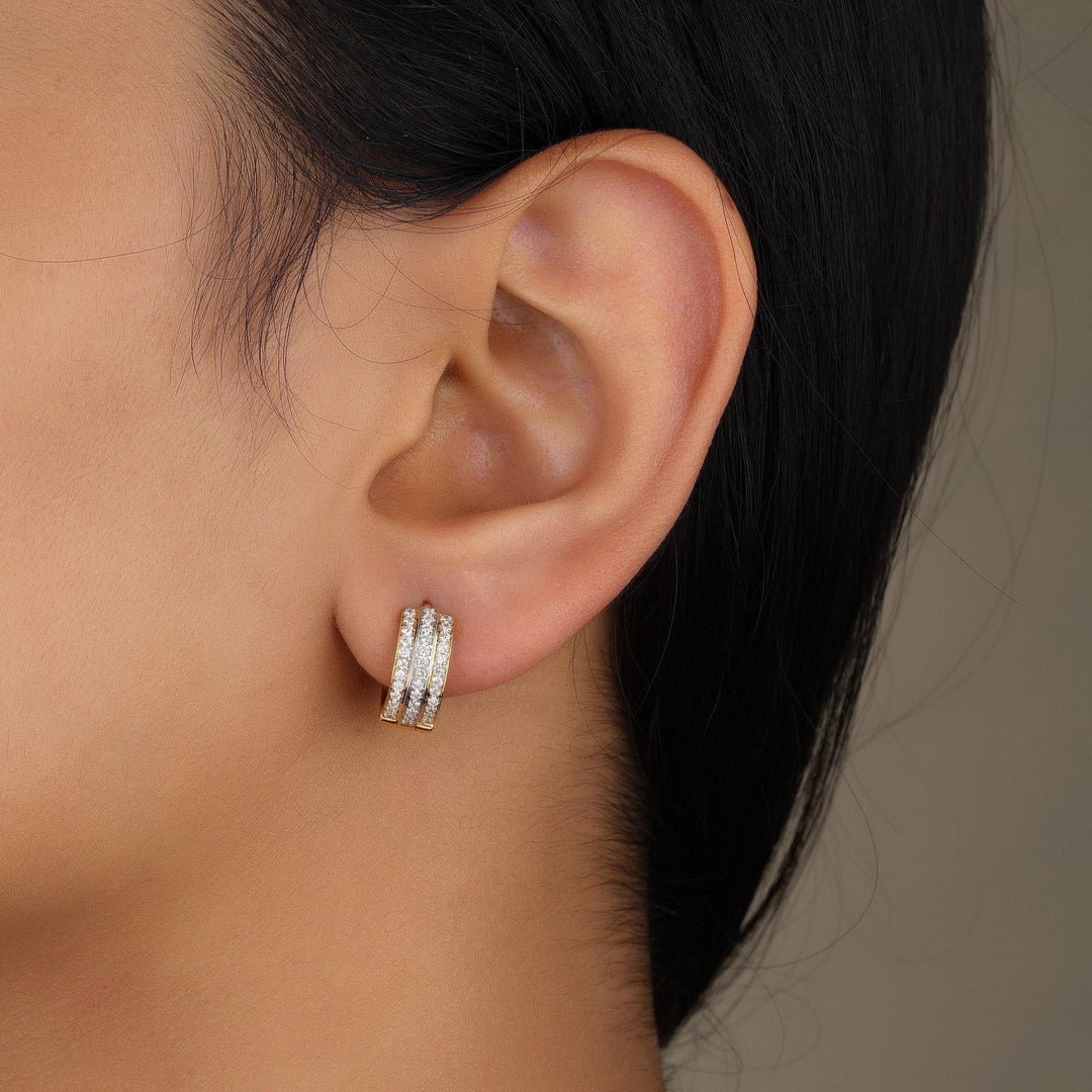 Triple line Diamond Huggie Earrings, 14k Solid Gold, Natural Diamonds, Cocktail Statement Jewelry, Everyday Hoop Earrings