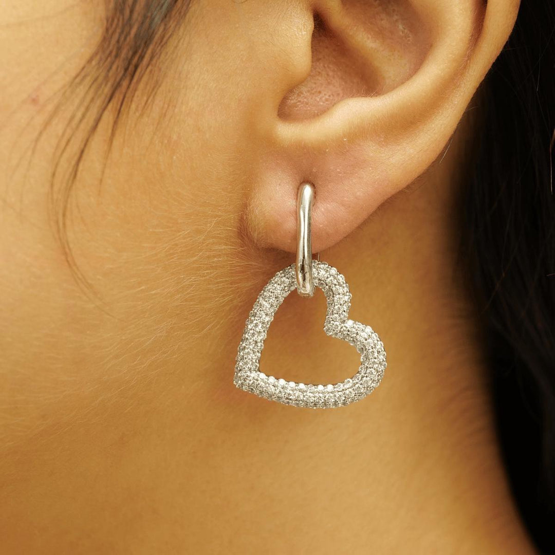 Open Heart Diamond Drop Earrings, 14k Solid Gold, Natural Diamonds, Huggie love Earrings, Cluster Pave Setting, Bridal Jewelry