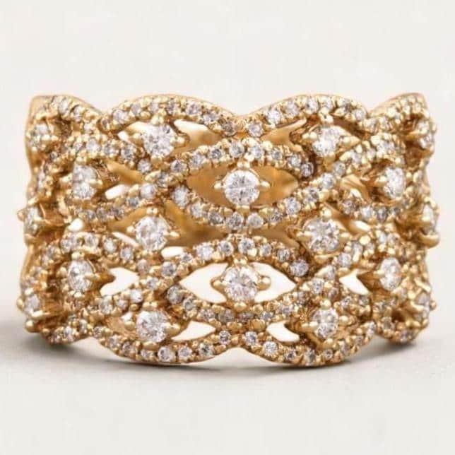 Criss Cross Diamond Ring, 14k solid gold, Natural Diamonds, Wedding Broad Band, Cocktail Statement Ring, Wide Band Ring, Gift For Her