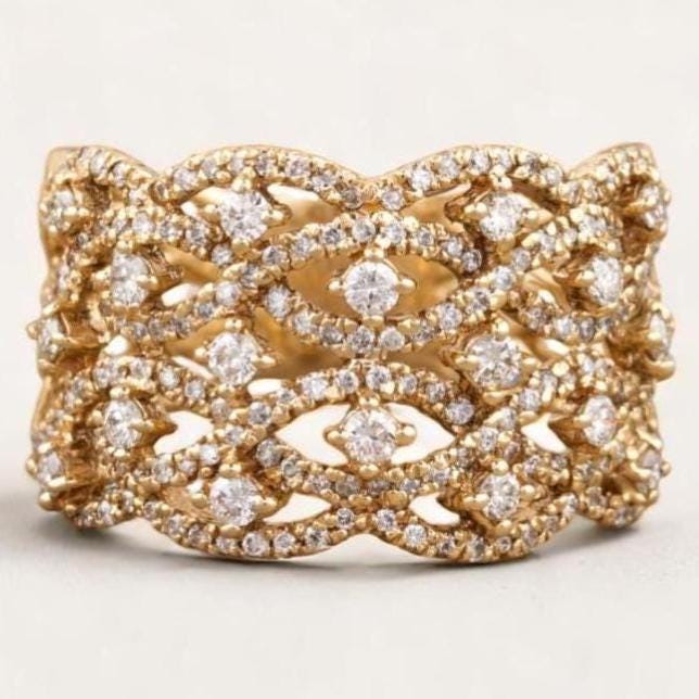 Criss Cross Diamond Ring, 14k solid gold, Natural Diamonds, Wedding Broad Band, Cocktail Statement Ring, Wide Band Ring, Gift For Her