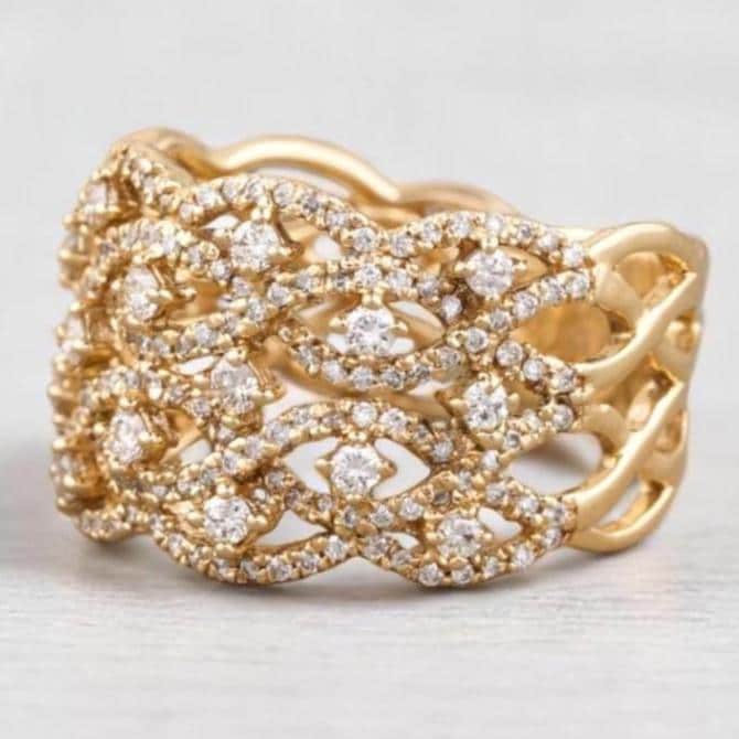 Criss Cross Diamond Ring, 14k solid gold, Natural Diamonds, Wedding Broad Band, Cocktail Statement Ring, Wide Band Ring, Gift For Her